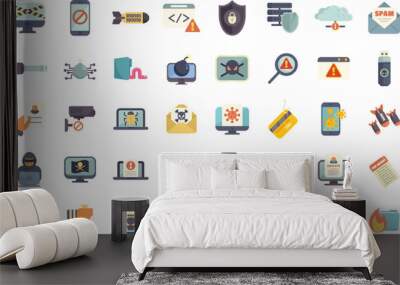 Different types of cyber attacks, hacking and malware concepts represented by colorful icons Wall mural