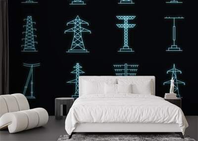 Electrical tower high voltage icons set. Outline illustration of 25 electrical tower high voltage vector icons neon color on black Wall mural