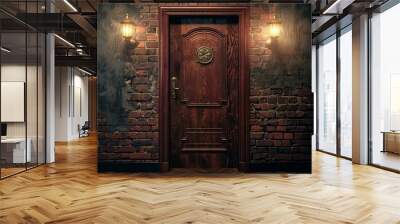 Elegant wood door with vintage design elements illuminated by wall lanterns on a textured brick wall Wall mural