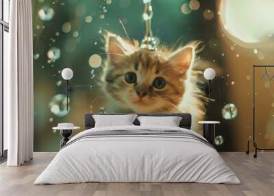 Enchanting little kitten surrounded by whimsical water droplets and radiant glows Wall mural