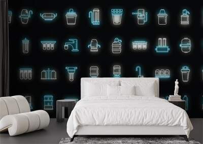 Equipment for water purification icons set outline vector. Filter treatment. Drink tank neon color on black Wall mural