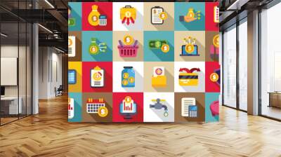 Family budget flat icons. A collection of financial icons including a piggy bank, a wallet, a calculator, and a laptop Wall mural