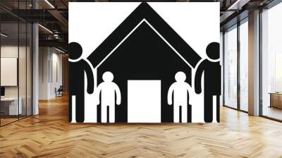 Family of four is standing outside their house, representing the concept of home and family Wall mural