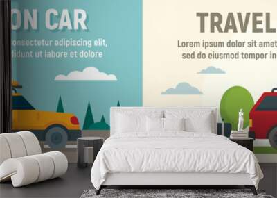 Family travel on car banner set. Flat illustration of family travel on car vector banner set for web design Wall mural