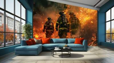 Fearless firefighters bravely combatting a dangerous inferno with their protective gear and teamwork to extinguish the hazardous blaze and rescue the public in this urban emergency crisis Wall mural