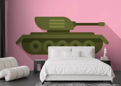 Flat design of a green cartoon tank with a long barrel, isolated on a solid pink backdrop Wall mural