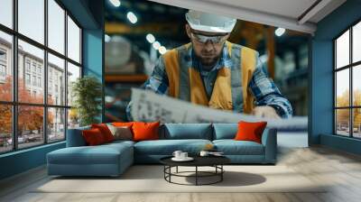 Focused engineer in safety gear examines construction plans in a factory setting Wall mural