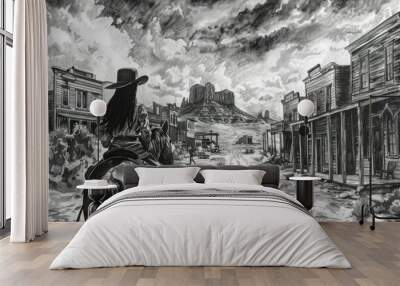 Handdrawn illustration of a lone cowboy riding through a deserted wild west street under a dramatic sky Wall mural