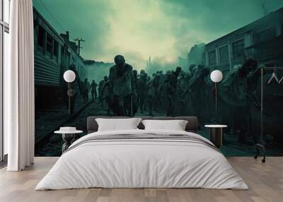 Horrifying Apocalypse zombie scene. Night war. Generate Ai Wall mural