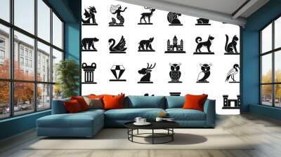 Ice sculpture icons set. Set of heraldic figurines showcasing animals, objects, and mythical creatures in silhouette style Wall mural