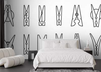 Laundry clothes pins icons set. Outline set of laundry clothes pins vector icons for web design isolated on white background Wall mural