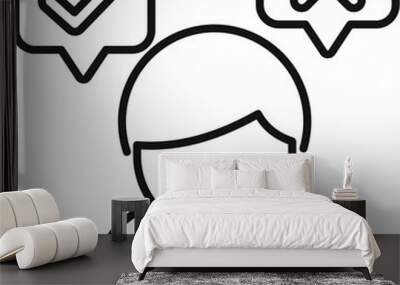 Line icon of a person with speech bubbles containing checkmark and cross mark, symbolizing decision making Wall mural