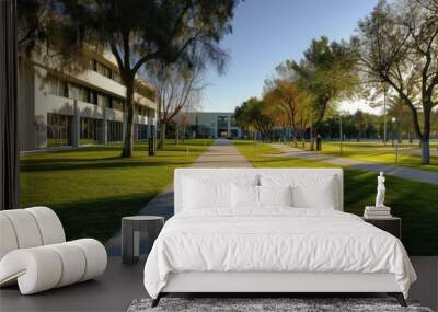 Lush green lawn with a calm pathway leading towards contemporary office structures in early morning light Wall mural