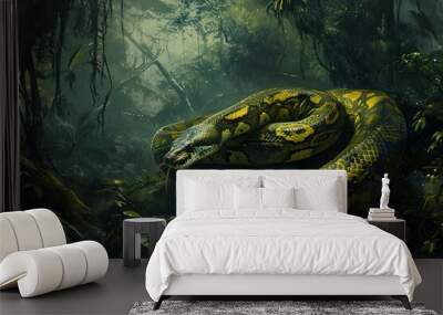 Massive Anaconda snake forest tropical. Nature park. Generate Ai Wall mural