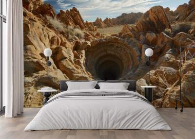 Massive sinkhole forms a striking focal point in a rugged desert landscape under a blue sky Wall mural