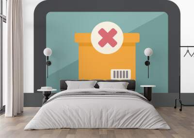 Minimalist flat vector illustration representing an order cancellation, with a red cross over a package icon on a laptop screen Wall mural