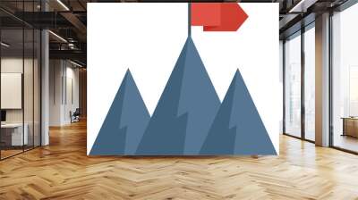 Minimalist illustration featuring a red flag waving on a mountain peak, representing achievement and overcoming challenges Wall mural