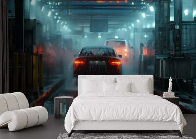 Modern car wash service with a black automobile being washed by water sprayers at night Wall mural