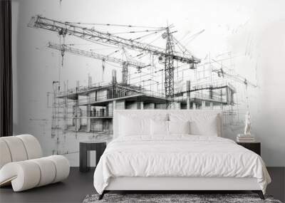 Pencil drawing of a building under construction with detailed scaffolding and cranes Wall mural