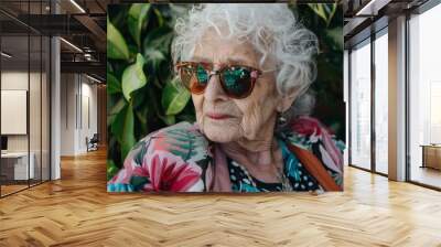 Portrait of a fashionable elderly lady with vibrant attire in a lush garden setting Wall mural