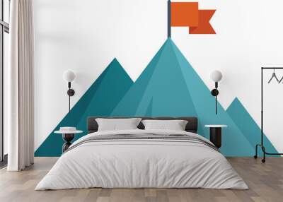 Red flag waving in the wind on a mountain peak representing achieving goals Wall mural