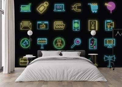 Remarketing strategy icons set. Outline set of remarketing strategy vector icons neon color on black Wall mural