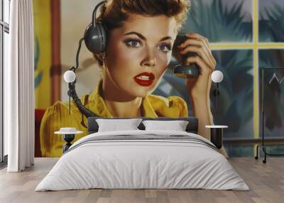 Retro styled woman in a yellow blouse communicates using a vintage telephone headset Wall mural