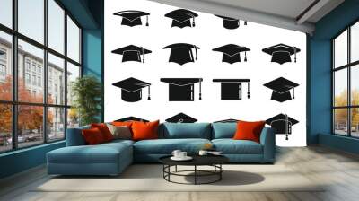 School graduation hat icons set simple vector. Academy celebration Wall mural