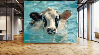 Serene cow enjoys a refreshing dip in a tranquil, sunlit pool of blue water Wall mural