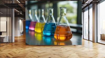 Several erlenmeyer flasks are standing in a row on a laboratory table filled with colorful chemical liquid for a scientific experiment Wall mural