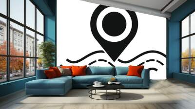 Simple black icon of a location pin positioned directly over a winding road Wall mural