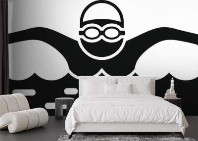 Simplified black and white icon of a swimmer wearing goggles doing the butterfly stroke Wall mural