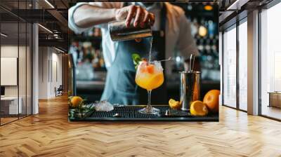 Skilled Bartender making fresh cocktail. Man counter restaurant drink. Generate Ai Wall mural