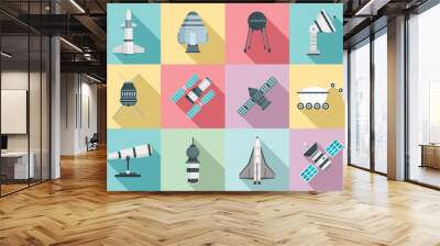 Space research technology icons set. Flat set of space research technology vector icons for web design Wall mural