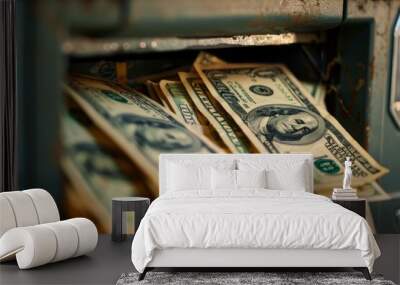 Stack of one hundred dollar bills overflowing from a rusty safe Wall mural