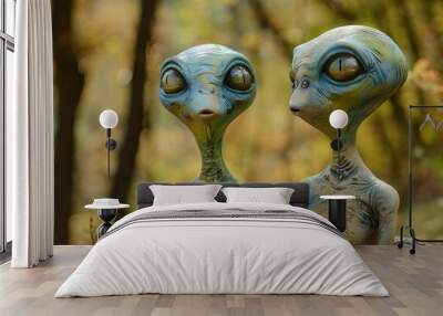 Statues of two aliens with large eyes in a natural woodland backdrop Wall mural