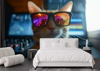 Stylish cat wearing reflective sunglasses in front of dj mixing equipment Wall mural