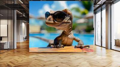 Stylish iguana sporting sunglasses by the pool, embodying summer vibes Wall mural