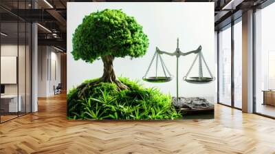 Symbolic scales of justice with a green tree on one side, representing environmental law and protection Wall mural