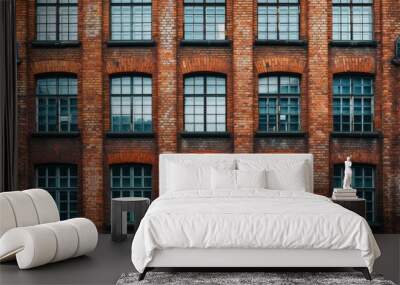 Symmetrical view of old brick building windows with arches, reflecting an industrial past Wall mural