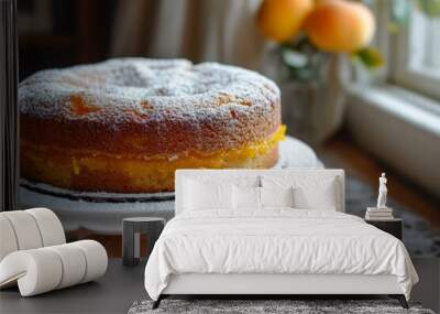 Tangy Apricot sponge cake. Sweet bakery dessert with fresh apricot fruits. Generate AI Wall mural