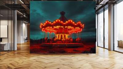 The enchanting and mysterious carousel at twilight with glowing lights and surreal atmosphere in an abandoned fairground. Evoking nostalgia and fantasy from childhood in a moody. Spooky Wall mural