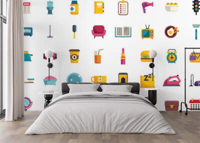 This set of colorful icons is showing daily activities and objects used in everyday routine Wall mural