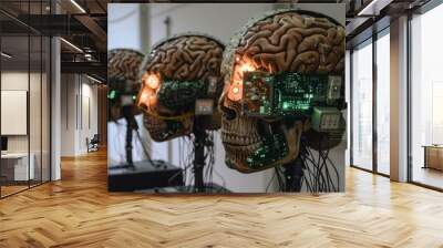 Three advanced ai brain models with glowing circuitry on display, showcasing neural network technology Wall mural