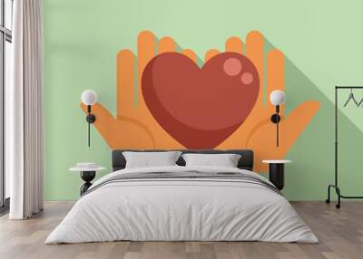 Two hands gently holding a heart, symbolizing love, care, and emotional support Wall mural