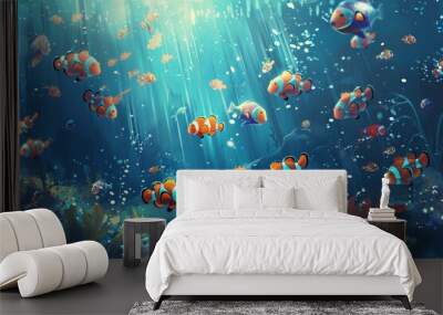 Vibrant illustration of clownfish swimming among coral reefs with sunbeams penetrating the water Wall mural