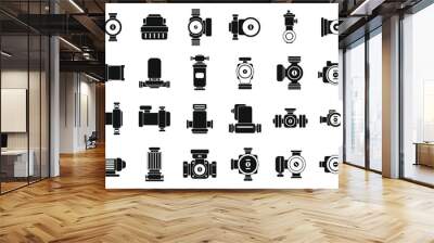 Water circulation pump icons set vector. A collection of black and white icons of various plumbing and electrical equipment. The icons are arranged in a grid, with some overlapping each other. Scene Wall mural