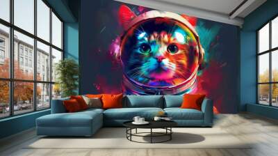 Whimsical cosmic feline adventurer in space helmet digital art with vibrant colors and playful imaginative design, perfect for science fiction and fantasy lovers Wall mural