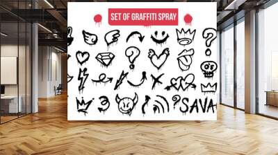 Big collection of graffiti spray pattern. Design symbols, crown, thunder, devil, skull, heart, arrow, etc. with spray texture. Elements on white background for banner, decoration, street art and ads. Wall mural