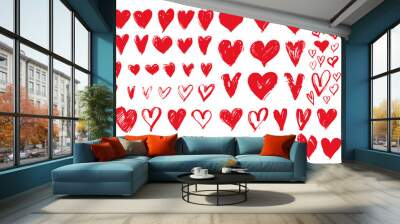 Big set of red grunge hearts. Design elements for Valentine's day. Vector illustration heart shapes. Isolated on white background Wall mural